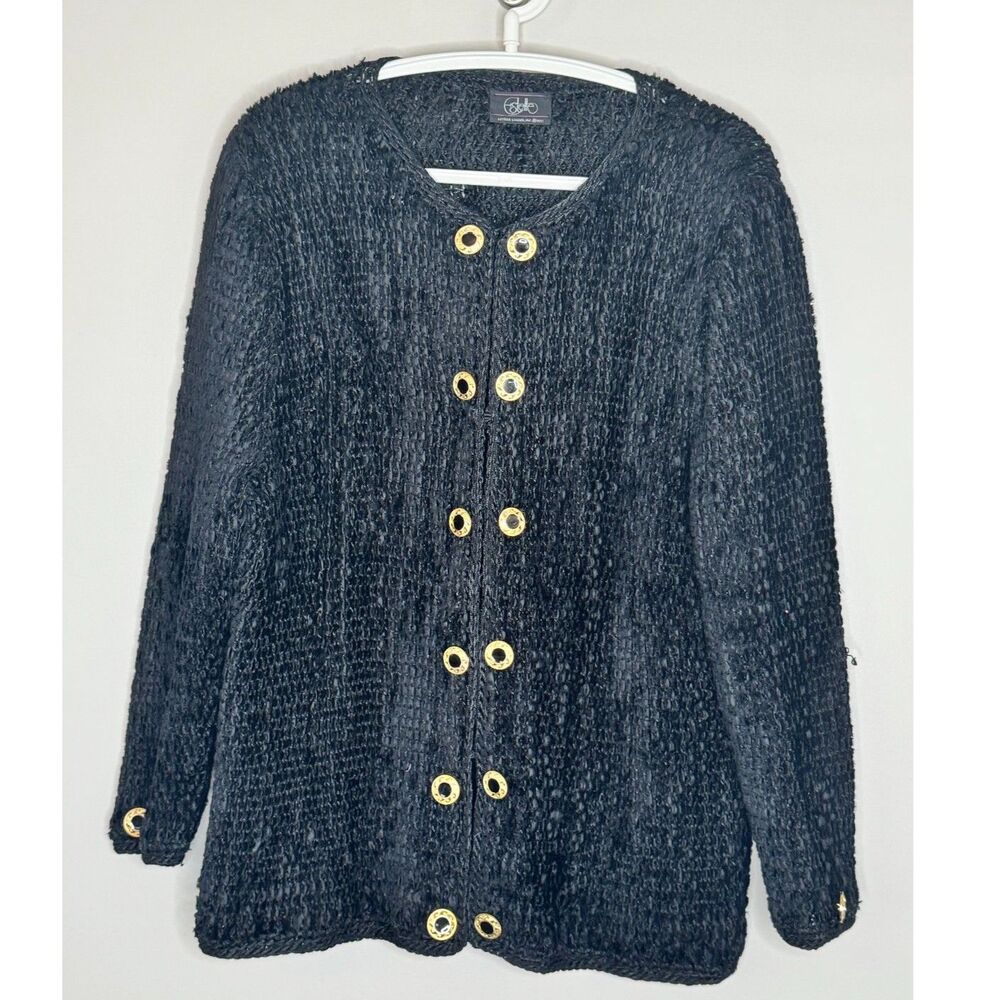 Vintage Estelle L Textured Jacket Black Gold Button Cardigan Blazer 80s Luxe - Picture 2 of 8